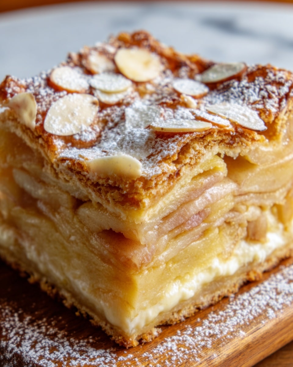 A close-up of a thick square piece of apple cake with many thin layers of soft apple slices stacked inside. The top layer is golden brown with sliced almonds and a light dusting of powdered sugar. The cake looks moist with a slightly creamy texture near the bottom edge. It is placed on a wooden board over a white marbled surface. Photo taken with an iphone --ar 4:5 --v 7