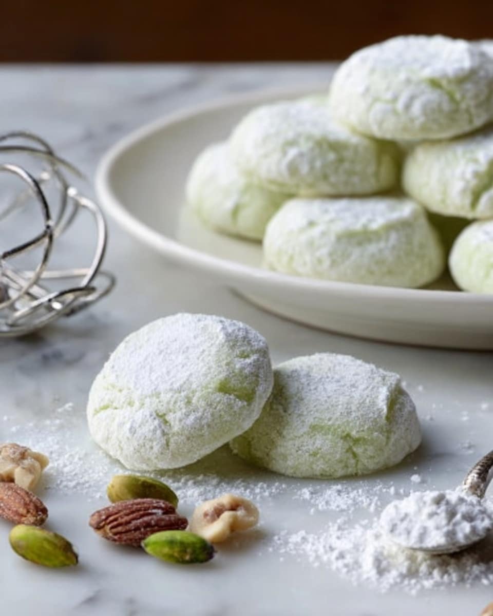 The image shows round, pale green cookies dusted with white powder, placed on a white marbled surface. There are a few cookies in the front and a white plate filled with more cookies in the background. The cookies have a soft, slightly cracked texture with a smooth, powdered coating. Nearby, there is a silver spoon holding a bit of the white powder and some small nuts close to it. A silver whisk is also visible on the left side of the image. Photo taken with an iphone --ar 4:5 --v 7