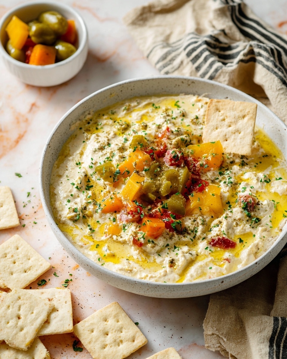A shallow white bowl filled with creamy dip as the base layer, its light yellow color and smooth texture visible under a scattered layer of finely chopped green herbs. On top, chunks of red, orange, and green pickled vegetables add bright splashes of color and texture, with a few drops of yellow oil glistening across the surface. A single triangular cracker is partially dipped into the dip near the center. Around the bowl, several more white crackers lie on a white marbled textured surface, alongside a beige and black striped cloth napkin. In the background, a small white bowl contains more pickled vegetables. Photo taken with an iphone --ar 4:5 --v 7