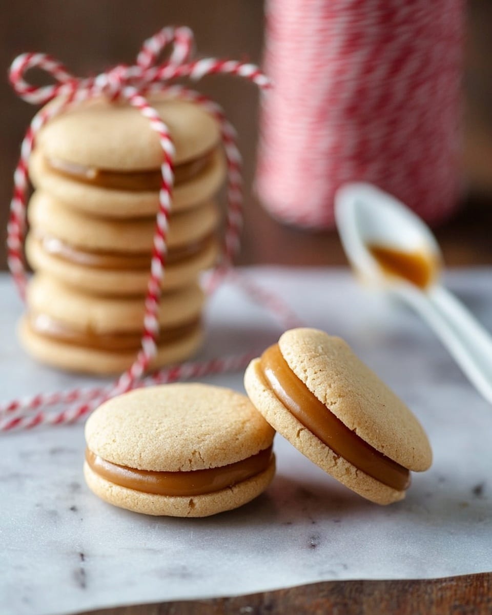 Two beige sandwich cookies with smooth caramel filling between two light tan cookie layers are placed on a white marbled surface. Behind them, a stack of the same cookies tied with red and white string sits in the background, along with a spool of similar string and a white spoon holding caramel sauce, softly out of focus. Photo taken with an iphone --ar 4:5 --v 7