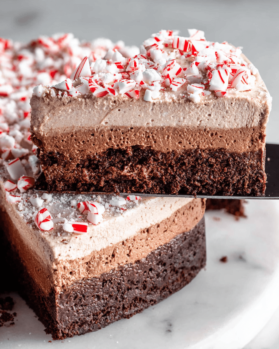 A slice of three-layer chocolate mousse cake is being lifted with a spatula, showing a dark brown crumbly base layer, followed by two thick, light brown, creamy mousse layers with a smooth, airy texture. The top layer is dusted with powdered sugar and scattered with broken pieces of red and white peppermint candy. The cake rests on a white marbled surface, and the scene is brightly lit, highlighting the textures and colors of the dessert. Photo taken with an iphone --ar 4:5 --v 7
