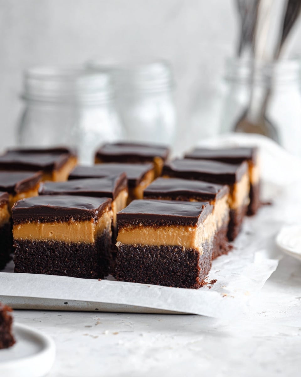 The image shows a row of square dessert bars arranged closely on a white tray lined with parchment paper, resting on a white marbled surface. Each bar has three layers: a thick, dark brown chocolate base with a dense and slightly crumbly texture, a middle layer of smooth, light brown peanut butter, and a glossy dark chocolate top layer that looks shiny and firm. The bars are cut evenly, and the background is softly blurred with clear glass jars and silver utensils visible. Photo taken with an iphone --ar 4:5 --v 7