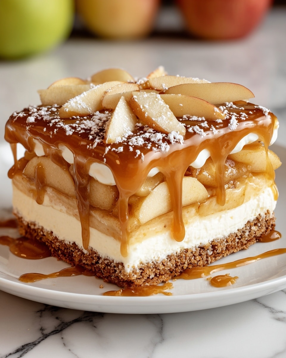 A square dessert with three main layers sits on a white plate against a white marbled surface; the bottom layer is a crumbly brown crust, followed by a thick layer of creamy white filling. Above the cream, there is a layer of sliced light yellow apples covered with a glossy golden caramel drizzle, topped again by another thick layer of white cream. The top layer is a smooth, shiny caramel glaze with scattered apple slices and a light dusting of powdered sugar. The caramel drips slightly down the sides, adding a rich texture. Photo taken with an iphone --ar 4:5 --v 7