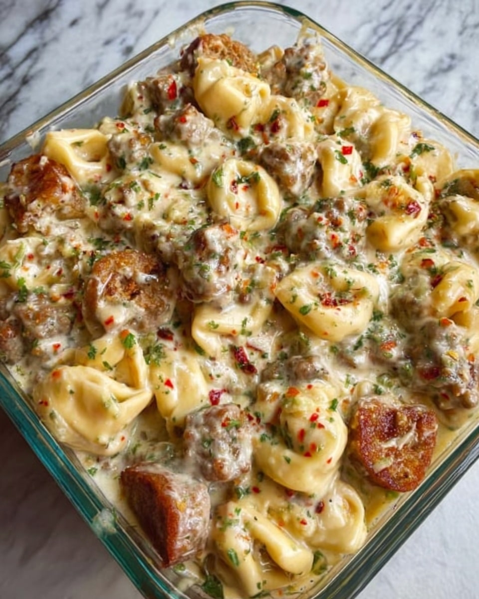 The image shows a clear square glass dish full of creamy pasta with tortellini and pieces of browned sausage, mixed in a rich white sauce. The sauce has a smooth texture with green herbs and bits of red pepper scattered all over the top. The tortellini are pale yellow and soft, while the sausage pieces are golden-brown with a crispy texture. The dish looks warm and hearty, placed on a white marbled surface. Photo taken with an iphone --ar 4:5 --v 7