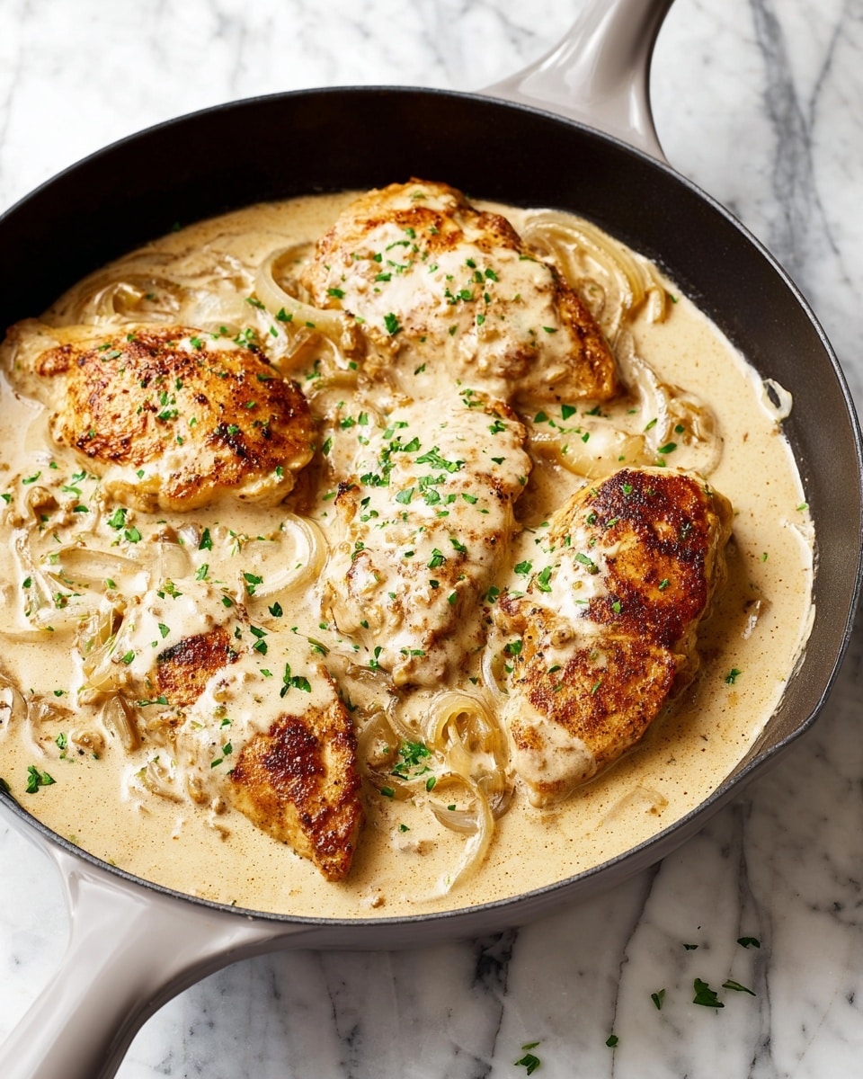 The image shows a black pan filled with four browned chicken breasts in a creamy light beige sauce with visible slices of onions mixed in. The sauce looks thick and covers most of the chicken, with small green herb pieces sprinkled over the top. The pan rests on a white marbled surface, enhancing the contrast with the creamy sauce and golden chicken. The pan has light gray handles, and a few green herb bits are scattered around the pan on the marbled background. photo taken with an iphone --ar 4:5 --v 7