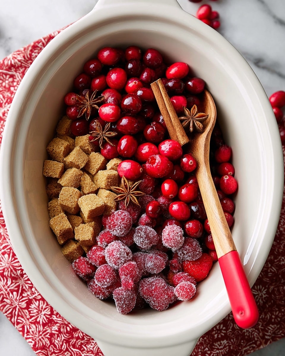 A white oval slow cooker is filled with a colorful mix of ingredients arranged in layers: the bottom layer is golden brown sugar cubes and granules, the middle layer has frosted dark red cranberries and bright red frozen strawberries, and the top layer shows fresh shiny red cranberries, a few cinnamon sticks, and a star anise on the right side. A wooden spoon with a red tip is resting on the right edge of the slow cooker, partially submerged in the berries. The slow cooker is placed on a white marbled surface with a red patterned cloth partially visible beneath it. photo taken with an iphone --ar 4:5 --v 7