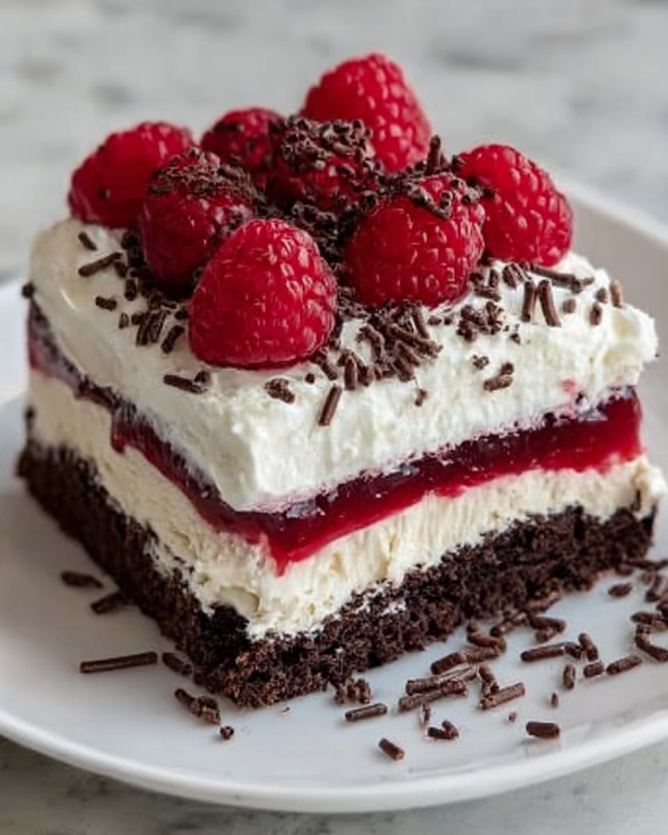 A square piece of dessert on a white plate shows four clear layers: the bottom layer is dark brown and looks like a thick, moist brownie; above it is a thin bright red layer of raspberry jelly or jam; the next layer is thick and white, creamy, and fluffy like whipped cream or frosting; on top of that is a group of fresh red raspberries and scattered dark brown chocolate sprinkles. The plate sits on a white marbled surface. photo taken with an iphone --ar 4:5 --v 7
