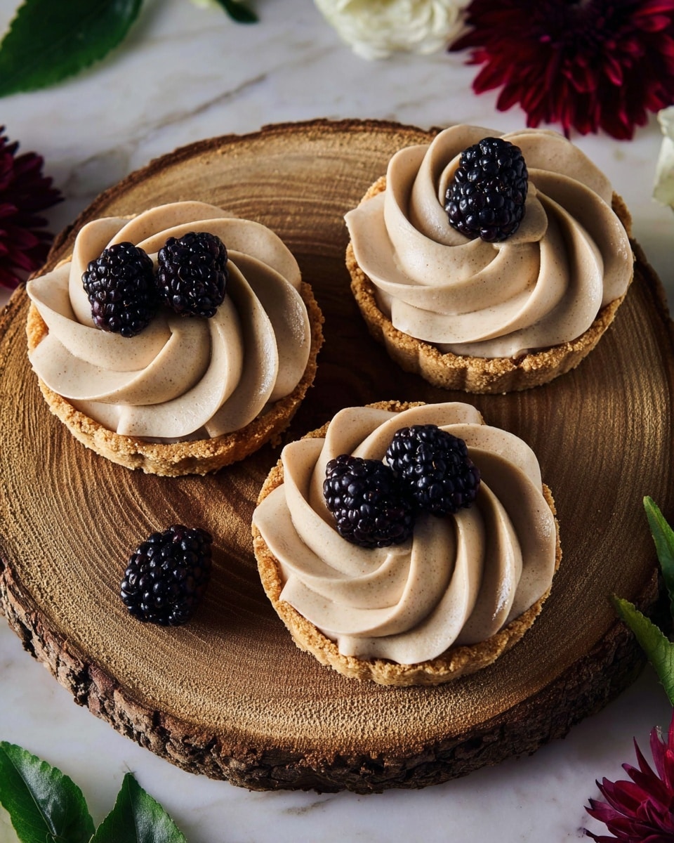 Three small tarts sit on a round wooden board with visible tree rings, placed on a white marbled surface. Each tart has a golden brown, crumbly crust as the bottom layer. On top, there is a thick, creamy layer swirled with smooth light brown frosting, forming three big waves on each tart. Each tart is decorated with three dark purple-black blackberries, placed close together near the edge of the frosting. Around the board, there are a few green leaves and red and white flowers, adding color to the scene. photo taken with an iphone --ar 4:5 --v 7