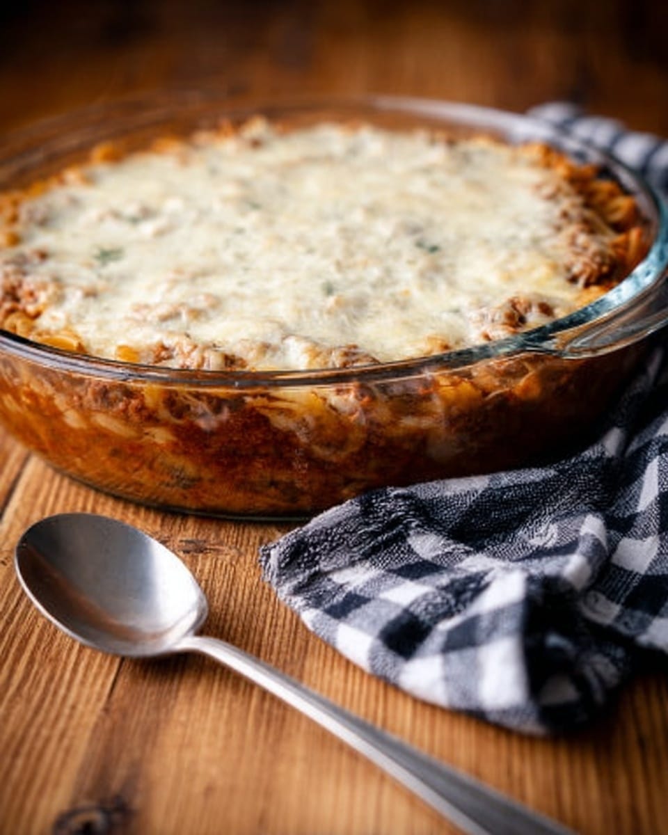 A glass round baking dish filled with a layered baked pasta dish, showing a thick bottom layer of brown meat sauce mixed with pasta, topped by an even layer of melted and slightly browned white cheese covering the entire dish. The dish is placed on a wooden surface with a black and white checkered cloth next to it and a large silver spoon in front. The photo has a cozy, warm feel. Photo taken with an iphone --ar 4:5 --v 7