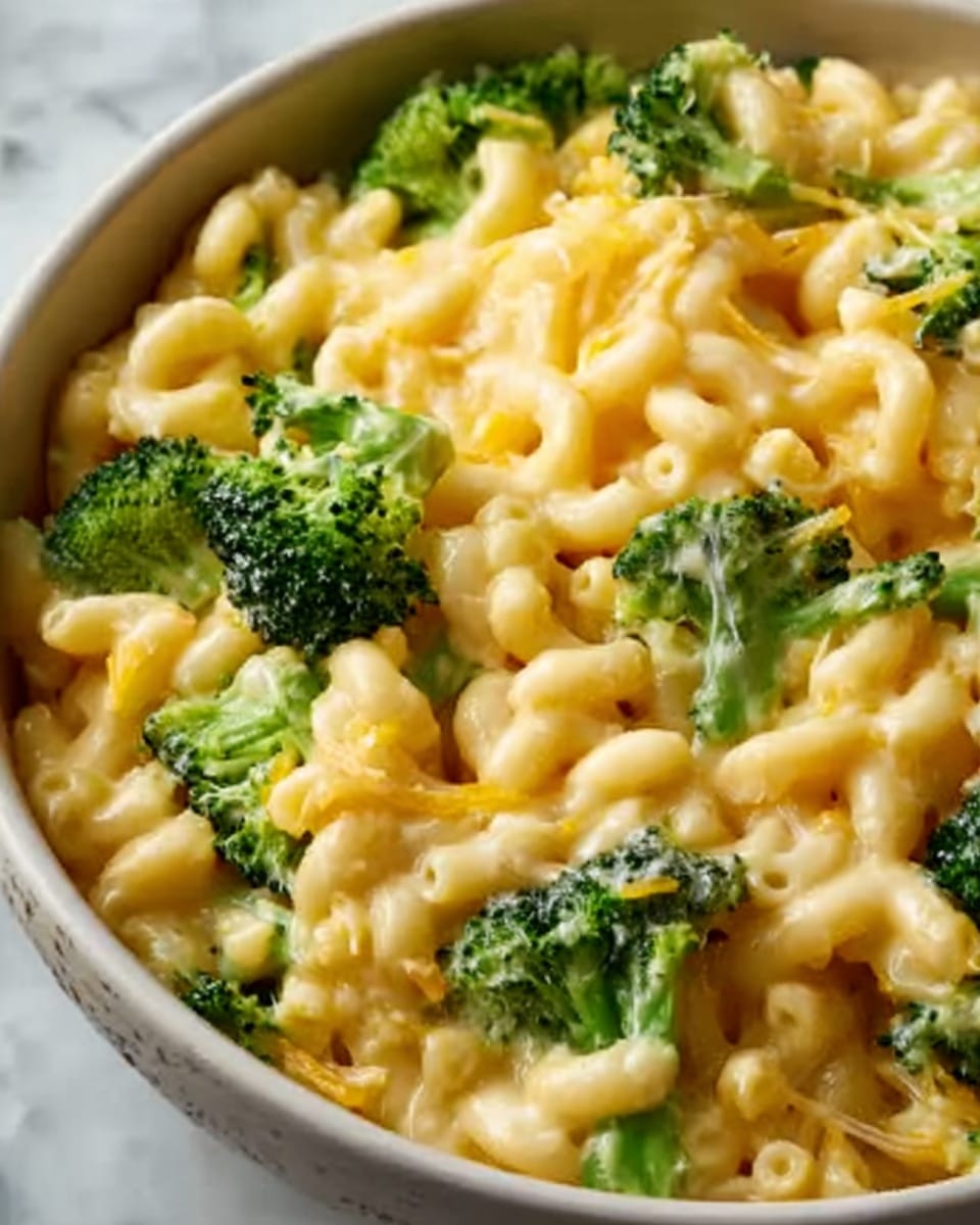 A close-up view of a creamy macaroni and cheese dish with bright green broccoli florets mixed throughout. The macaroni is soft and coated in a thick, smooth, yellow cheese sauce that glistens under the light. The broccoli pieces are evenly spread, adding a fresh, contrasting texture and color to the dish. The food is presented in a white bowl set on a white marbled surface. photo taken with an iphone --ar 4:5 --v 7