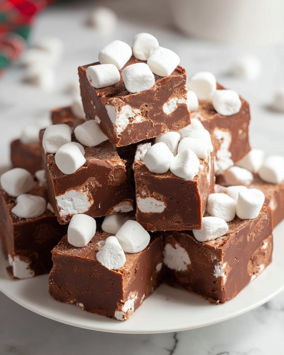 A white plate holds a pile of small, square pieces of chocolate fudge filled with white marshmallows. Each piece has a thick, rich, dark brown layer of smooth chocolate fudge with marshmallows scattered inside, their soft, powdery white texture peeking through. The top of each fudge square is also dotted with extra marshmallows, some slightly rounded and some more irregular, giving a bumpy, inviting look. The scene is set against a white marbled background with soft lighting that highlights the creamy texture of the fudge and the fluffy softness of the marshmallows. photo taken with an iphone --ar 4:5 --v 7