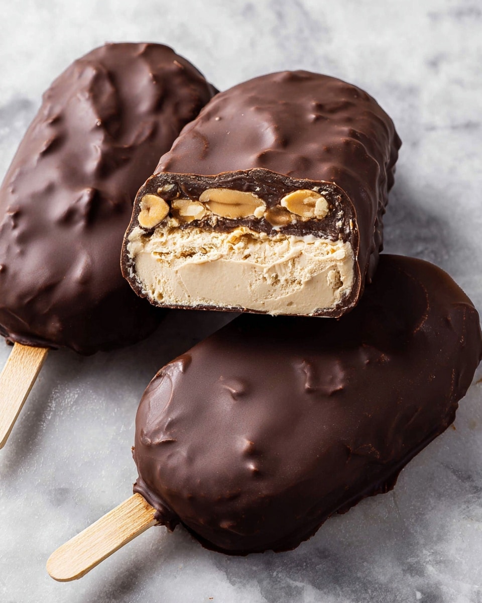 The image shows three round chocolate-covered ice cream bars with smooth and slightly bumpy dark brown chocolate coating on top, placed on a white marbled textured surface. One bar is cut in half, revealing three layers inside: the outer dark brown chocolate shell, a middle layer of chopped peanut pieces in a light golden brown, and a thick inner layer of creamy beige ice cream with a soft texture. Two wooden sticks are attached to the bars, sticking out from the bottom right side. Photo taken with an iphone --ar 4:5 --v 7