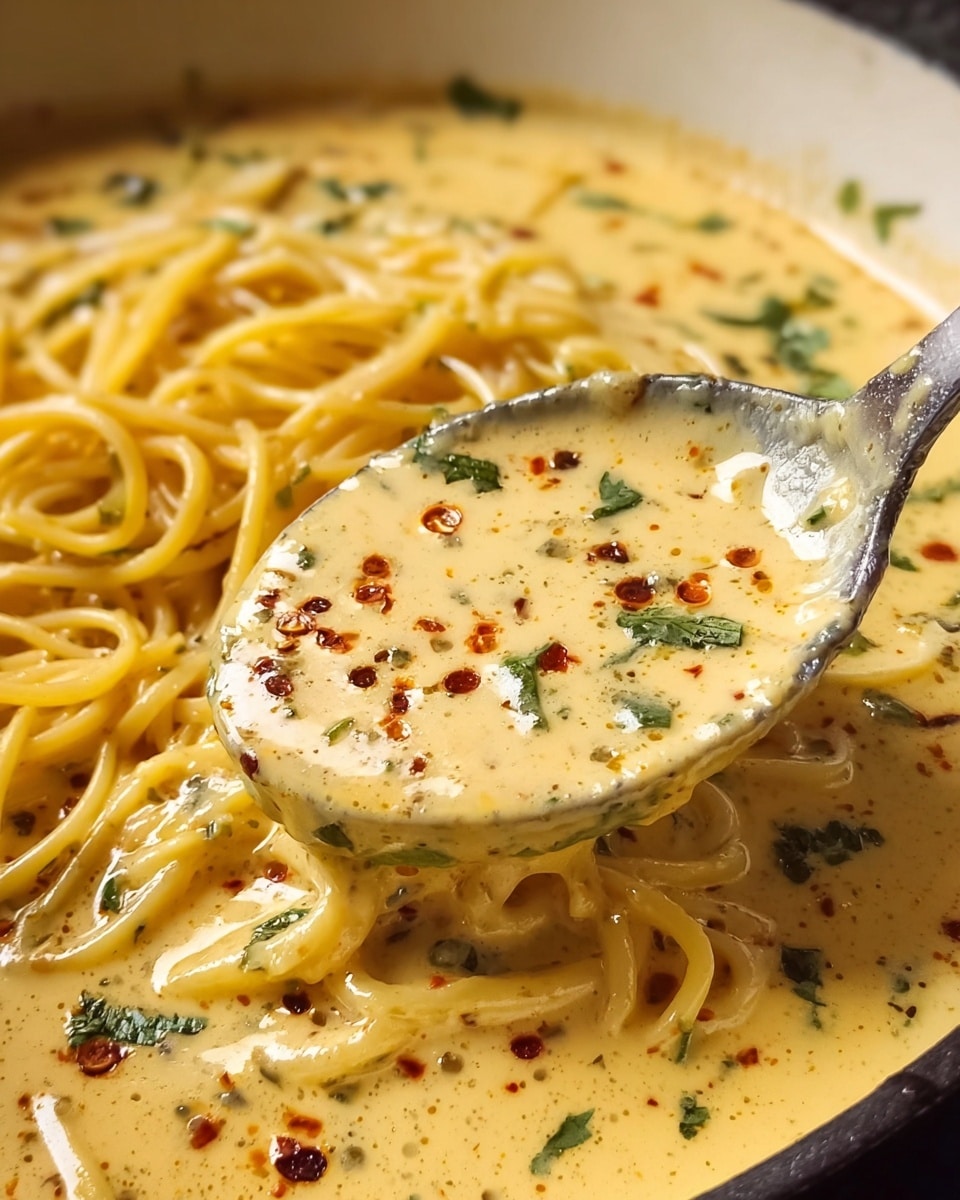 The image shows a close-up of creamy pasta in a white marbled pan. The dish has a rich, light yellow sauce speckled with red chili flakes and black pepper, adding texture and a bit of color. Yellow spaghetti noodles sit beneath the sauce, partially covered, with small bits of green herbs scattered on top, giving a fresh contrast. A metal spoon holds a thick scoop of the sauce in the foreground, highlighting its smooth and slightly grainy texture. The overall scene focuses on the vibrant creaminess and spices of the pasta dish. photo taken with an iphone --ar 4:5 --v 7