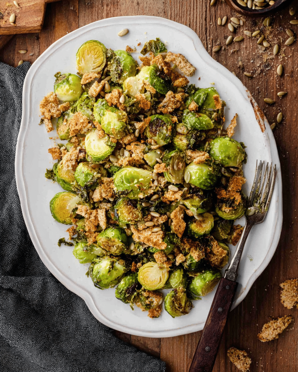 A white plate filled with two main layers: the bottom layer is made of halved Brussels sprouts showing bright green with slight charring, and the top layer is crunchy, golden-brown crumbled bread mixed with pale sunflower seeds scattered around. The plate rests on a wooden table with scattered crumbs and a dark gray cloth on one side. A fork with a dark wooden handle is placed partially under the plate on the right side. Photo taken with an iphone --ar 4:5 --v 7