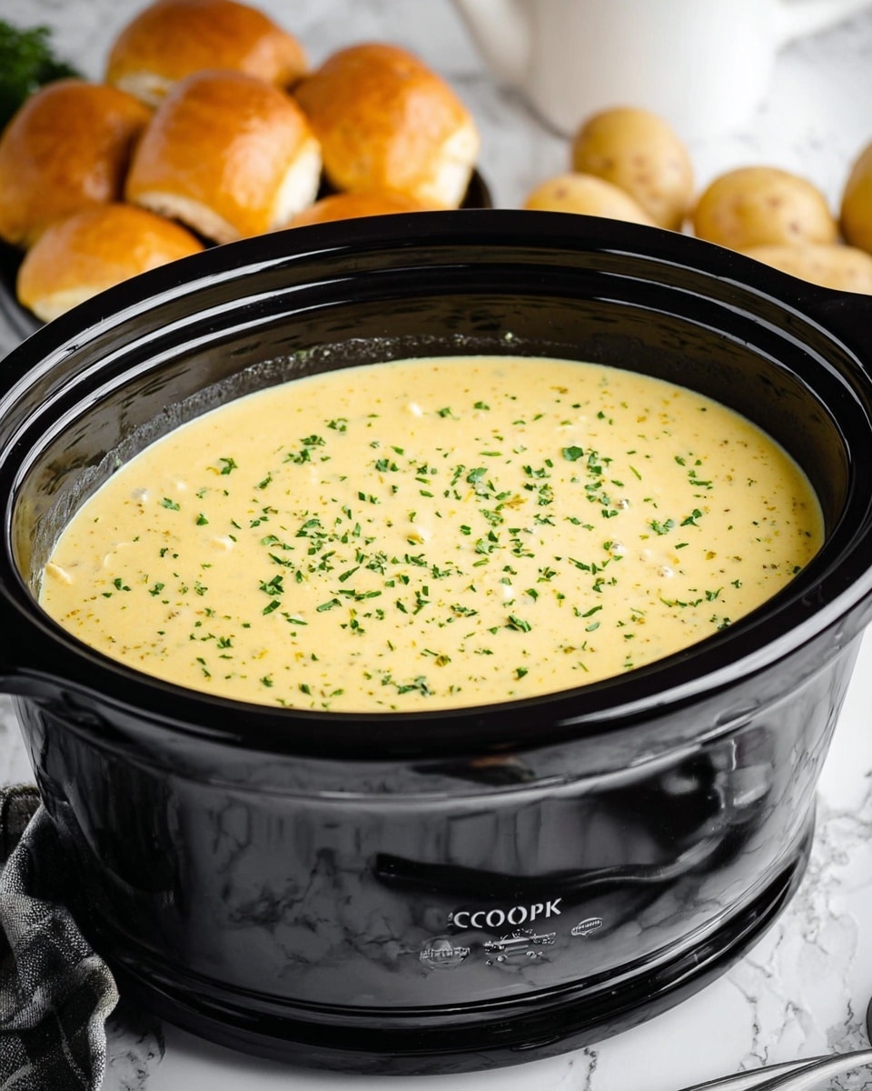 A black crockpot filled to the top with a thick, creamy yellow soup, sprinkled evenly with small green herb pieces, giving the surface texture and color contrast. The crockpot sits on a white marbled surface, surrounded by a close-up of bread rolls, a white container, and some whole potatoes in the background, giving a cozy kitchen feel. The smooth soup layer contrasts with the glossy black crockpot exterior, which reflects light softly. Photo taken with an iphone --ar 4:5 --v 7
