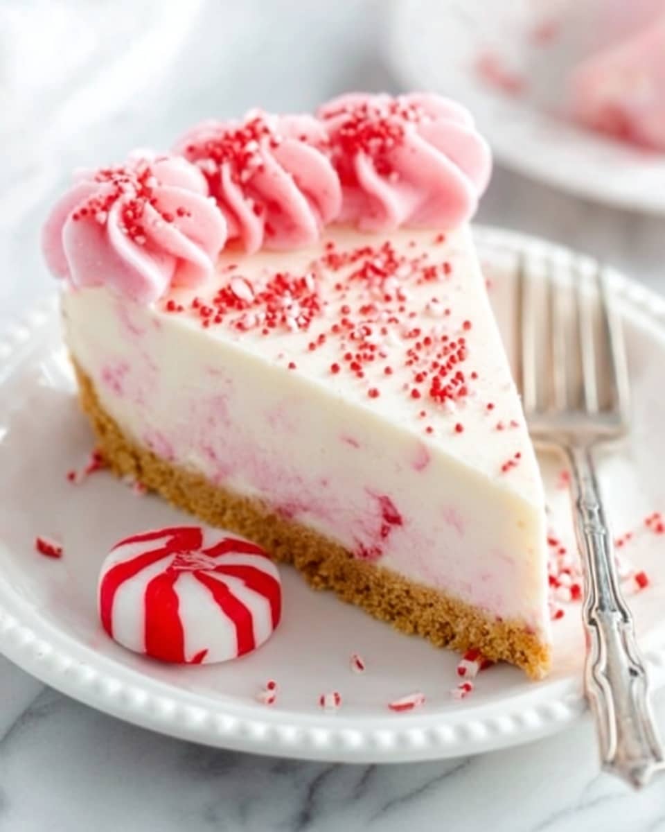A slice of creamy pink and white cheesecake sits on a white plate with a decorative edge. The cheesecake has three layers: a crumbly golden-brown crust at the bottom, a thick pale pink middle layer with small red bits inside, and a smooth white top layer with pink swirls of frosting arranged in a wavy pattern along the edge. Red sprinkles are scattered on top and around the plate. Next to the cheesecake is a small round peppermint candy with red and white stripes, and a silver fork lies beside the slice. The background is a white marbled surface. Photo taken with an iphone --ar 4:5 --v 7