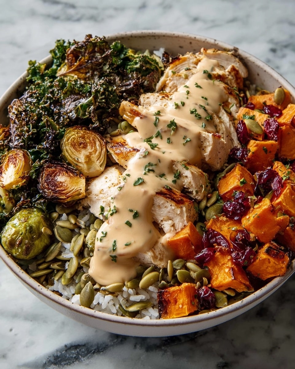 This dish shows a white bowl filled with several layers, starting with a base of white rice mixed with green pumpkin seeds, topped with three main sections: on the left, grilled Brussels sprouts with some dark char marks and crispy kale underneath; in the middle, slices of grilled chicken breast covered with a smooth beige sauce and sprinkled with small green herbs; on the right, roasted sweet potato cubes with a slightly burnt skin, mixed with some pumpkin seeds and dried red berries scattered on top. The bowl is placed on a white marbled surface. Photo taken with an iphone --ar 4:5 --v 7