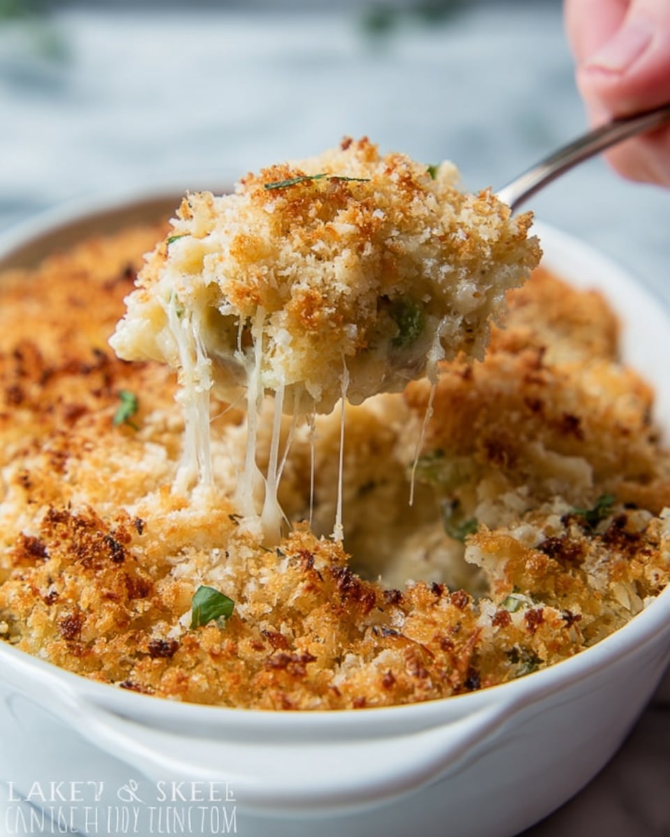 A close-up of a white oval dish filled with a baked dish that has three visible layers: a top layer of golden brown, crispy breadcrumbs with some darker toasted spots, a middle layer of creamy, melted cheese that is stretchy and slightly gooey, and a bottom layer of mixed ingredients that appear soft and light brown with some green herbs visible. A spoon, held by a woman's hand, is lifting a portion of the dish, showing the stretchy cheese and crumbly topping texture. The dish is placed on a white marbled surface with a soft blurry background. photo taken with an iphone --ar 4:5 --v 7