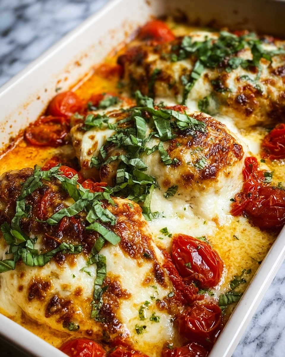 The dish is a close-up view of three pieces of baked chicken breasts in a white rectangular baking dish, each piece covered with a layer of melted and browned mozzarella cheese that is bubbly and golden in spots. Beneath the cheese, there is a visible rich red tomato topping with bits of roasted cherry tomatoes scattered around. Fresh green basil leaves and chopped herbs are sprinkled on top, adding a fresh, vibrant color contrast. The creamy sauce around the chicken has a warm, slightly orange tint, filling the bottom of the dish. The dish sits on a white marbled textured surface. photo taken with an iphone --ar 4:5 --v 7