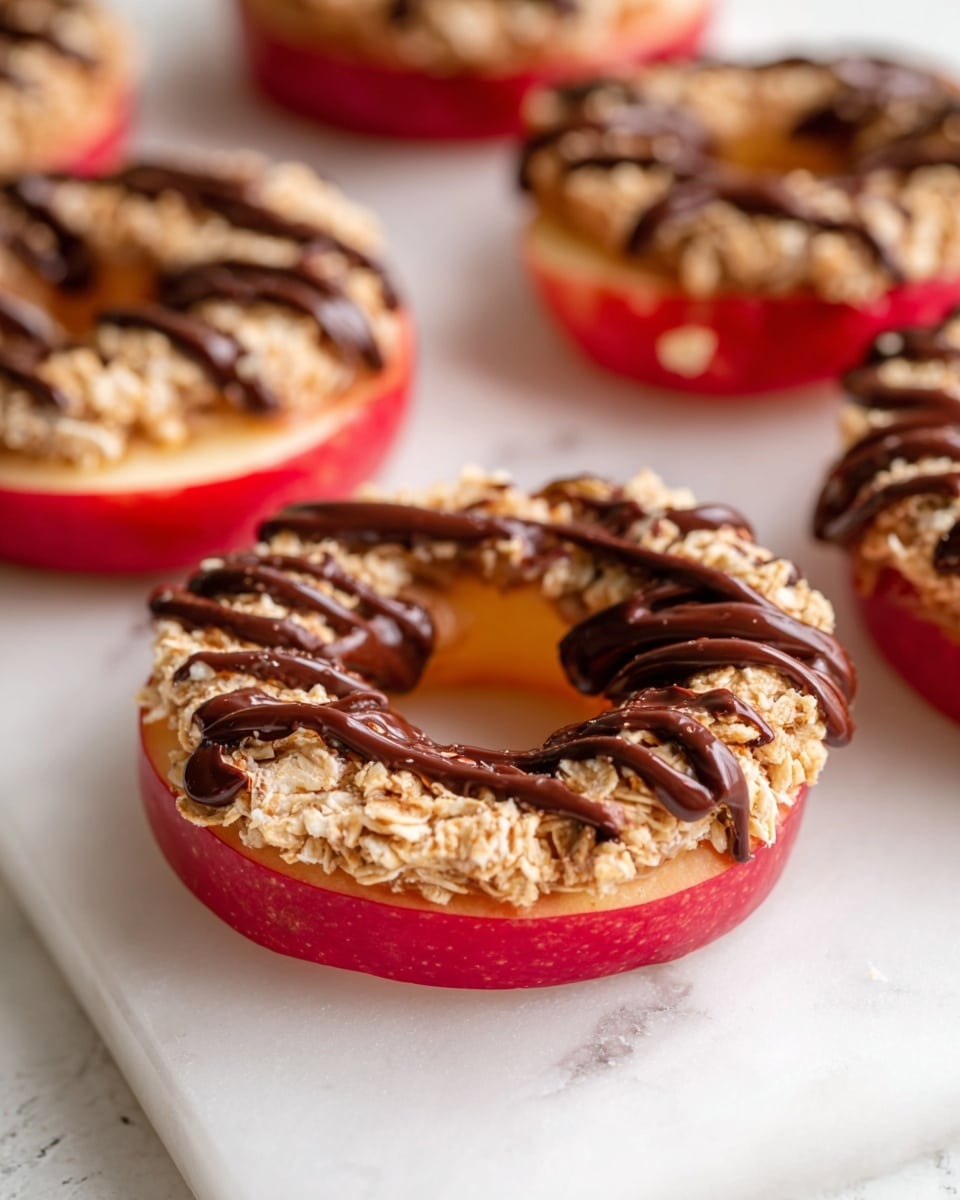 The image shows several rings made from a thick red apple slice as the bottom layer, topped with a creamy textured light beige nut or oat mixture shaped in a thick ring, and finished with a dripping dark brown chocolate drizzle on top. The rings rest on a white marbled surface, giving a clean and bright contrast to the snack's colors. Photo taken with an iphone --ar 4:5 --v 7