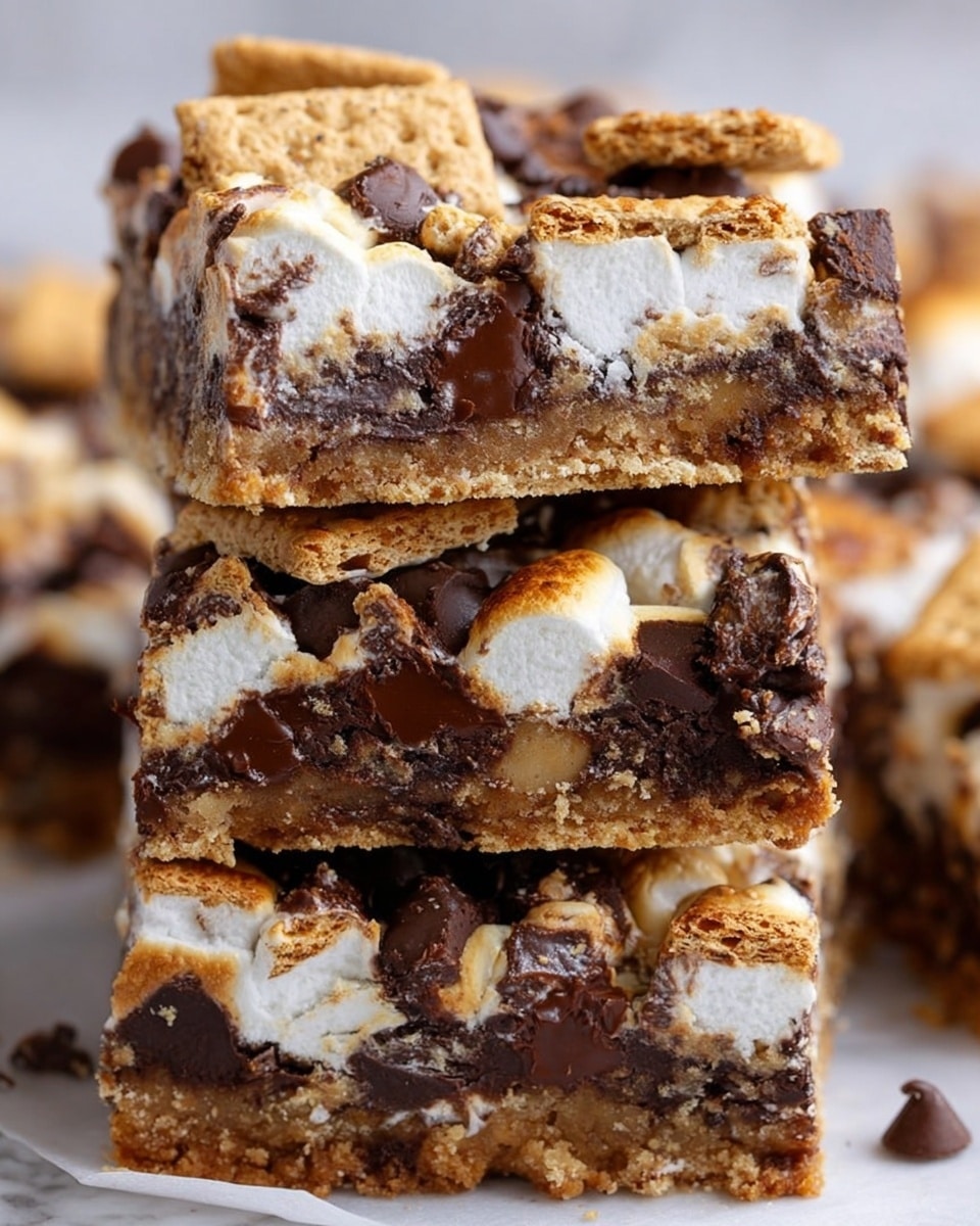 A close-up view of three thick bars stacked on top of each other, showing a sandy brown crumbly base layer, followed by a rich dark chocolate layer mixed with large chunks of melted chocolate and smaller chocolate chips, topped with a layer of melted marshmallows that is partly browned. Pieces of light beige broken graham crackers are scattered throughout the top and sides, adding texture and contrast. The bars look soft inside with a lightly crunchy outside, all on a white marbled background. photo taken with an iphone --ar 4:5 --v 7