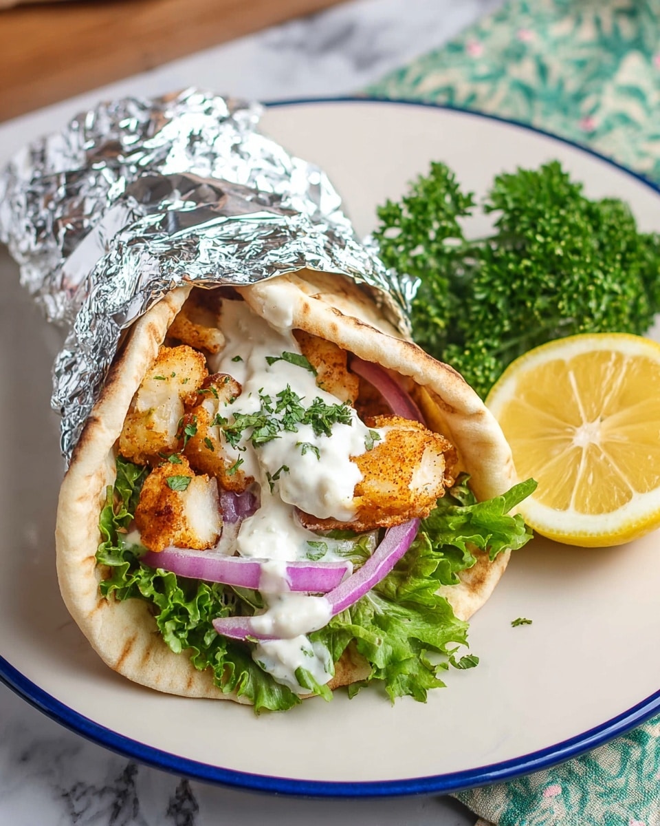 A white plate with blue rim holds a pita wrap partially covered in shiny silver foil. The wrap is stuffed with vibrant green lettuce at the base, thin slices of purple onion, and golden-brown fried pieces, all topped with a creamy white sauce. To the side of the wrap is a bright yellow lemon wedge and a small bunch of fresh parsley. The plate rests on a white marbled surface with hints of a green patterned cloth underneath. Photo taken with an iphone --ar 4:5 --v 7