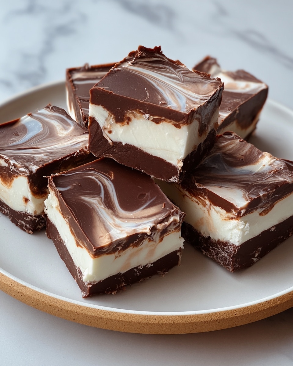 A white plate holds five pieces of chocolate and white layered fudge. Each piece shows two clear layers: a bottom and top layer made of smooth dark chocolate with light brown swirls, and a thick middle layer made of soft white cream. The top chocolate layer has a shiny texture with visible swirls blending white and brown colors. The edges of the chocolate layer are slightly uneven and cracked. The plate sits on a white marbled surface. photo taken with an iphone --ar 4:5 --v 7