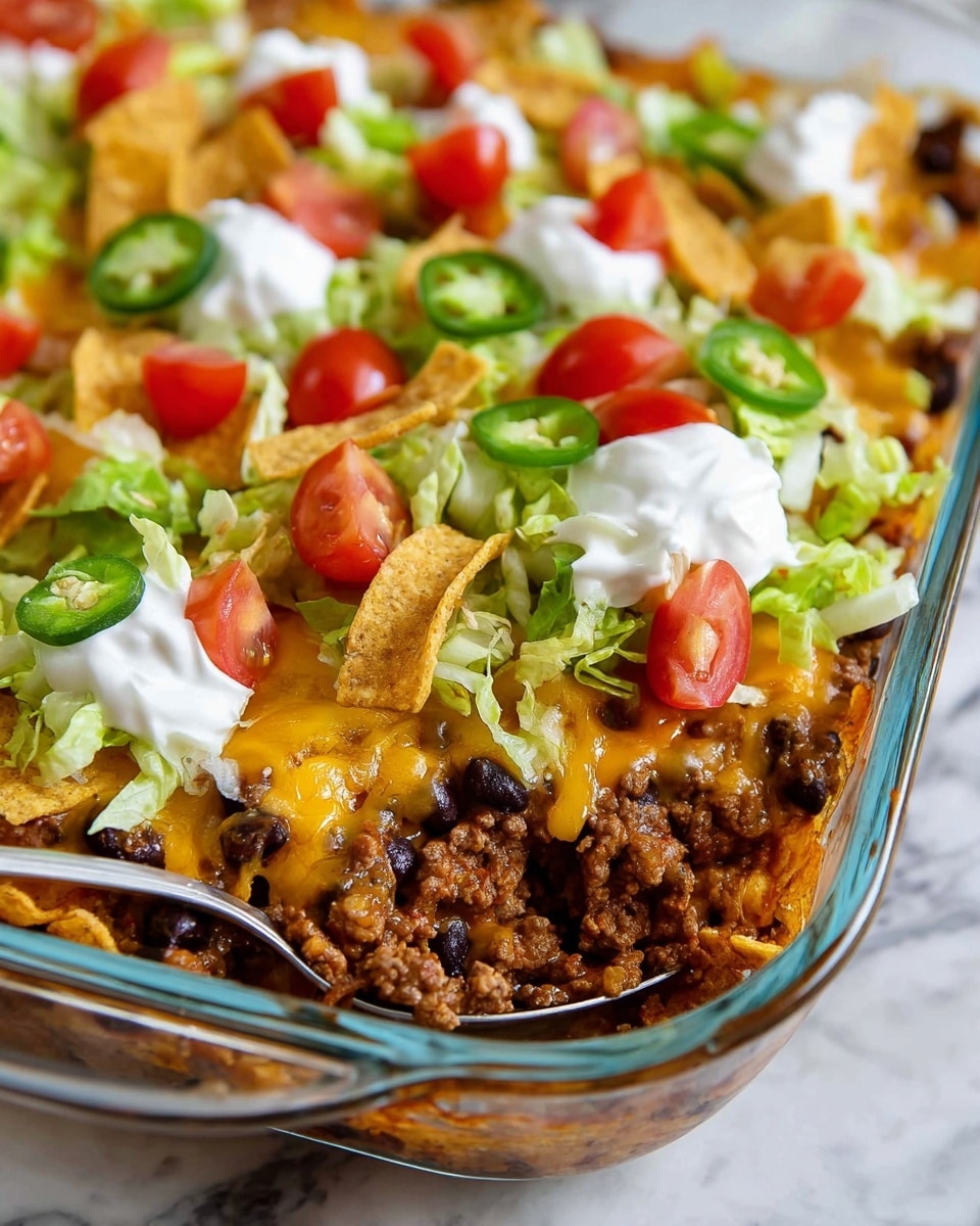 A clear glass baking dish shows a layered taco casserole with a base of cooked ground beef mixed with black beans and melted golden cheddar cheese. On top, shredded light green lettuce, bright red tomato wedges, and thin slices of fresh green jalapeño peppers add freshness and color. Scattered crunchy pale yellow corn chips add texture, and dollops of white sour cream top the dish. The dish rests on a white marbled surface. Photo taken with an iphone --ar 4:5 --v 7