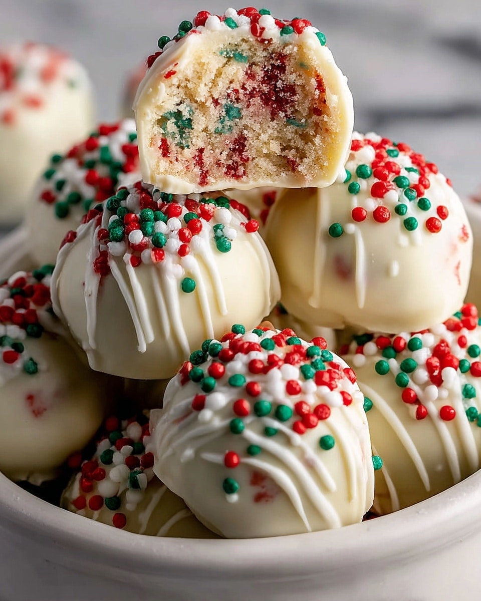 The image shows round truffles that have three layers: the outside layer is smooth white chocolate with a drizzle texture, the middle layer inside is soft and crumbly with red and green sprinkles mixed through, and the top is decorated with colorful round sprinkles in red, green, and white colors. One truffle is cut in half and placed on top of the others, showing the crumbly inside. These truffles sit inside a white bowl on a white marbled surface. Photo taken with an iphone --ar 4:5 --v 7