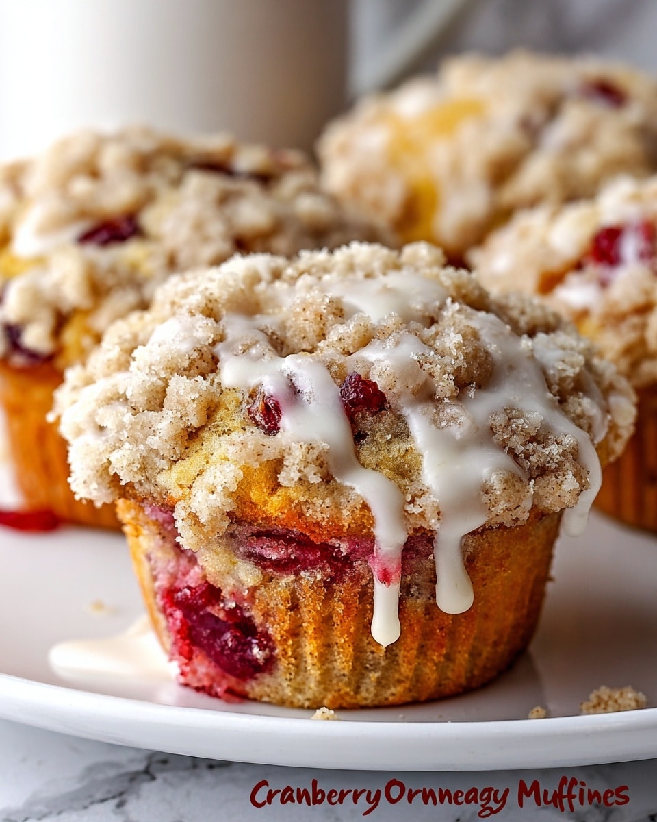 A close-up of a crumb-topped muffin with visible bright red cranberries mixed into a light golden brown textured batter, topped with a thick layer of crumbly streusel that is drizzled with white icing which cascades down the sides. The muffin sits on a white plate, with more similar muffins blurred softly in the background on a white marbled surface. Photo taken with an iphone --ar 4:5 --v 7