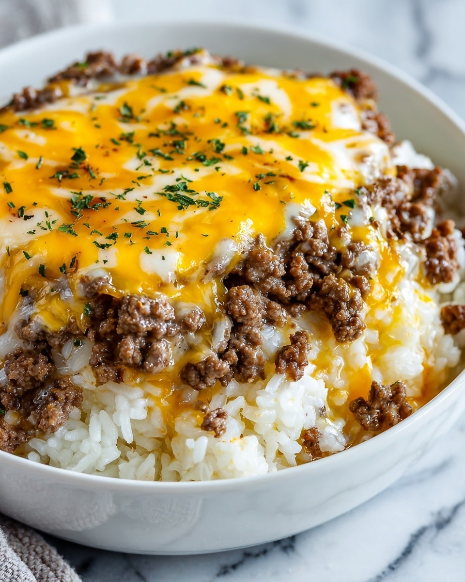 The dish is served in a white bowl filled with creamy white rice as the base layer. On top, there is a layer of browned ground meat pieces that are scattered evenly. The meat is covered with melted cheese in bright yellow and creamy white tones that blend smoothly, creating a rich and gooey texture. Small green herb sprinkles are scattered on top, adding a touch of color contrast. The photo is taken close up, showing the shiny, slightly crispy edges of the cheese and the moist texture of the rice beneath. The background is a white marbled texture. photo taken with an iphone --ar 4:5 --v 7