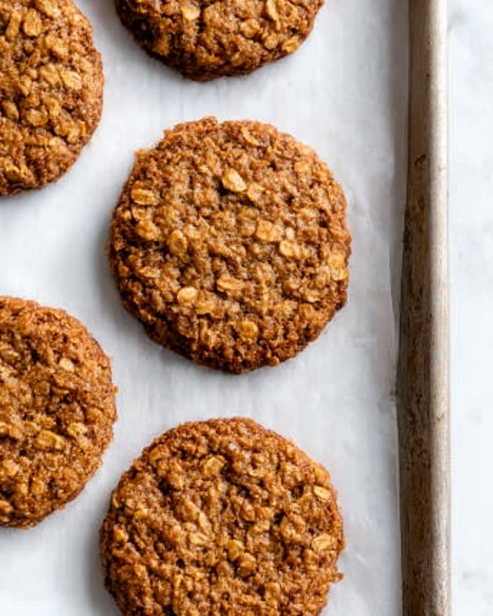 The image shows a close-up of four round oatmeal cookies on a baking tray lined with white parchment paper. The cookies have a golden brown color with a rough texture, showing visible oats throughout. One cookie is positioned near the metal edge of the tray on the right, while the other three are spaced out on the left side. The background is a white marbled texture. Photo taken with an iphone --ar 4:5 --v 7