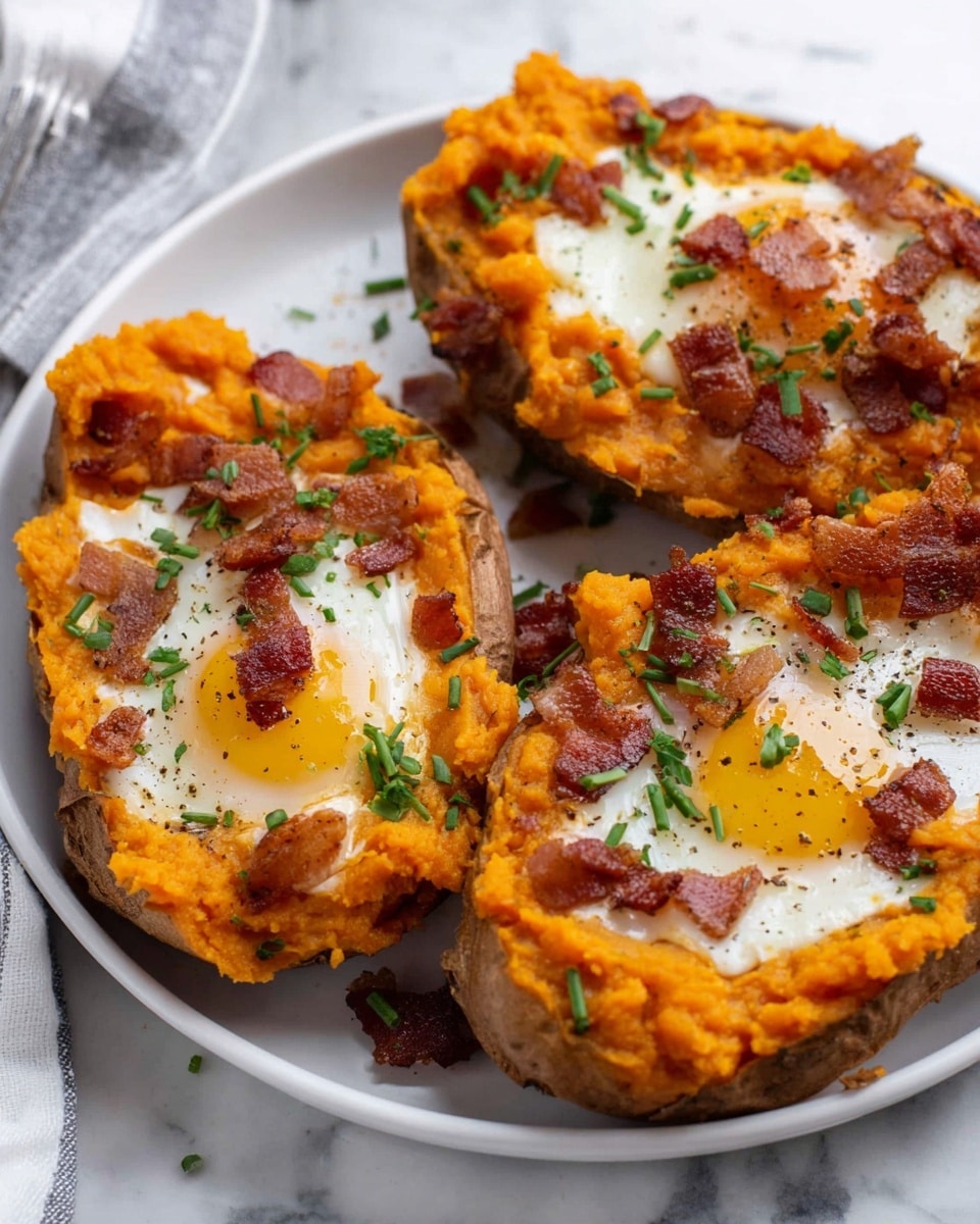 The image shows a white plate with three baked sweet potato halves topped with mashed sweet potato, each filled with a cooked egg in the center. The mashed sweet potato is bright orange and slightly chunky, spread thickly around the edges of each potato skin. The eggs have bright yellow yolks and cooked whites, sprinkled with small pieces of crispy brown bacon and chopped green herbs. Some black pepper is scattered over the dish. The plate rests on a white marbled surface and the scene is lit with soft natural light. photo taken with an iphone --ar 4:5 --v 7