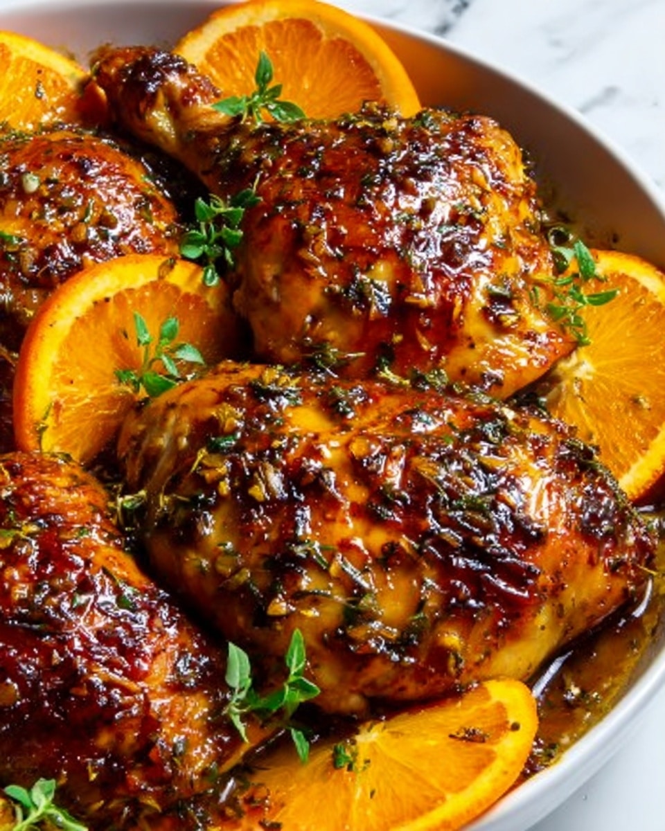 The image shows baked chicken pieces covered in a shiny, dark brown glaze with visible herbs sprinkled on top. There are slices of bright orange arranged on and around the chicken, adding a fresh pop of color. The chicken skin looks crispy and slightly caramelized with some charred edges. Small green herb leaves are scattered across the chicken, giving it a fresh and flavorful look. The dish is presented on a white plate against a white marbled background. Photo taken with an iphone --ar 4:5 --v 7
