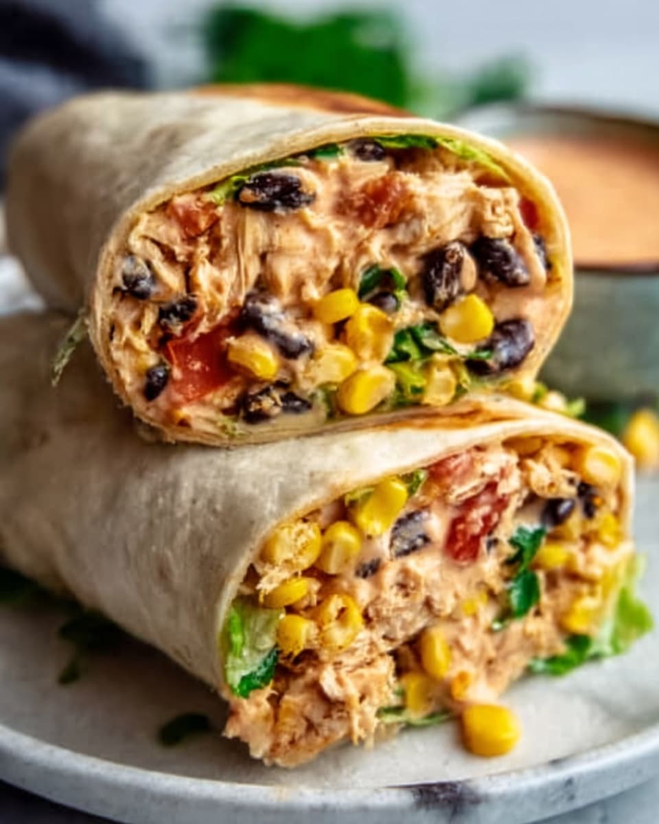 The image shows two wrap halves stacked on top of each other on a white plate, placed on a white marbled surface. Each wrap has multiple layers visible from the side, starting with a soft, light beige tortilla on the outside. Inside, there is a colorful mix of ingredients: bright yellow corn kernels, small black beans, fresh green lettuce, bits of red tomato, and a creamy light orange sauce coated over shredded chicken pieces with a slightly golden-brown texture. The wraps look tightly rolled and fresh, with the sauce slightly oozing out, giving them a juicy and tasty appearance. There is a blurred background showing a small bowl of sauce. photo taken with an iphone --ar 4:5 --v 7
