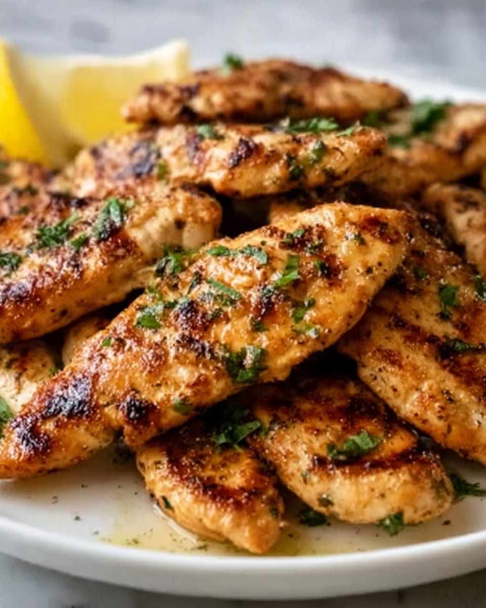 The image shows several grilled chicken pieces arranged closely on a white plate. The chicken pieces have a golden brown color with visible grill marks and a slightly crispy texture. Small green herb pieces are sprinkled on top of the chicken, adding color contrast. In the background, a partially visible lemon wedge is placed at the edge of the plate. The surface beneath the plate is a white marbled texture. photo taken with an iphone --ar 4:5 --v 7
