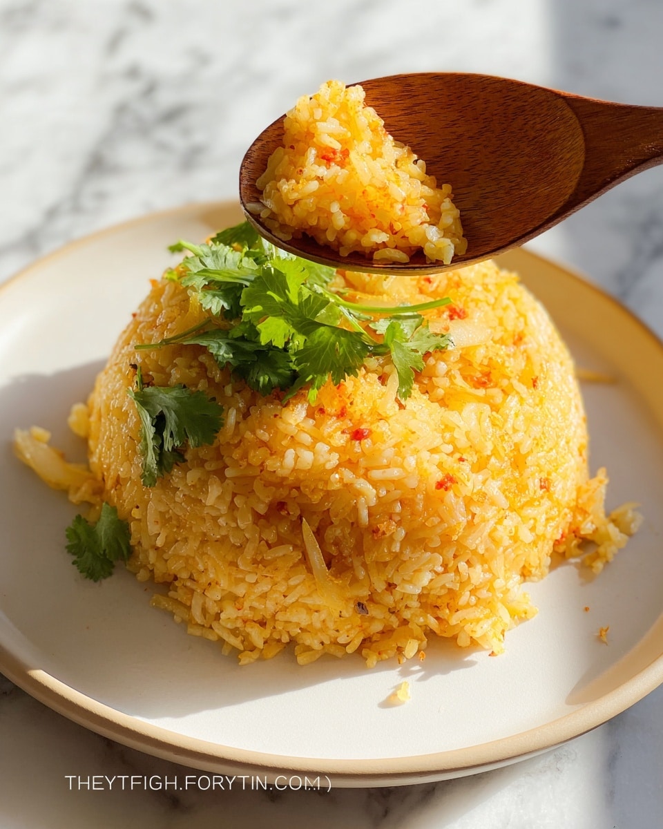 A mound of yellow-orange fried rice is neatly shaped on a white plate with a smooth texture, showing individual grains glistening slightly and a few small bits of cooked onion mixed in. On top of the rice mound, there are bright green fresh cilantro leaves adding a pop of color. A wooden spoon is scooping a portion from the front of the rice mound, revealing the fluffy texture inside. The scene is set against a white marbled surface with natural sunlight casting soft shadows. photo taken with an iphone --ar 4:5 --v 7