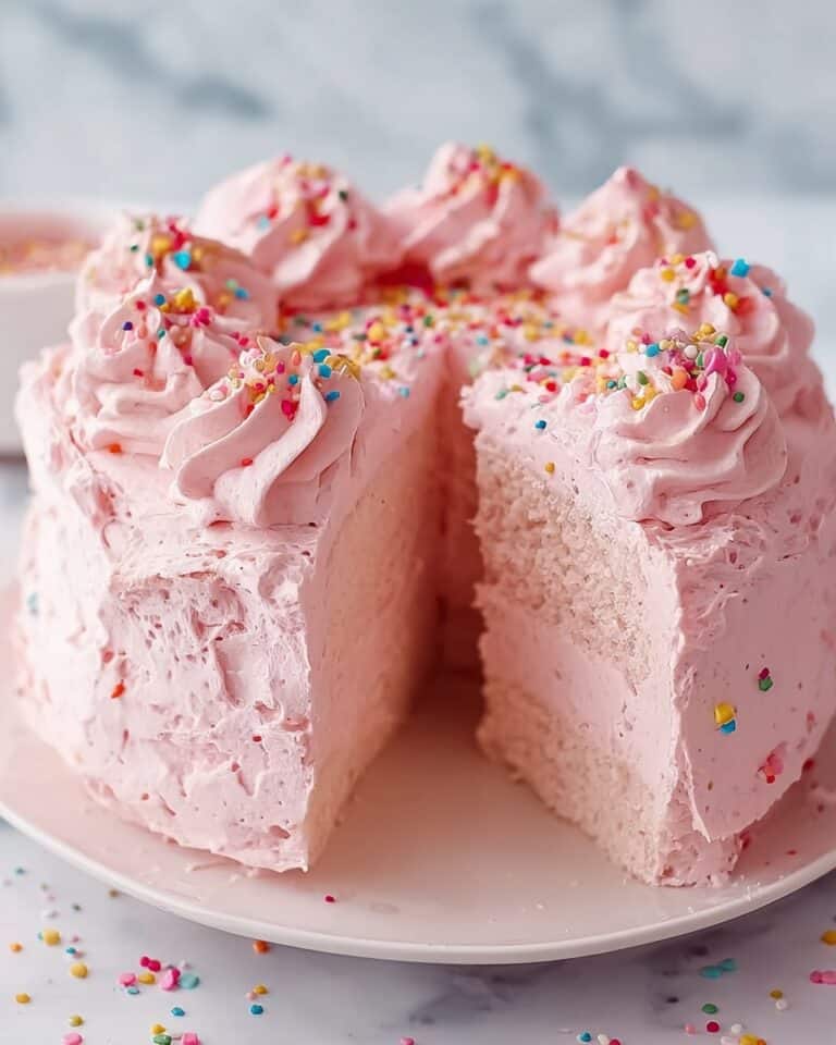 Beautiful Pink Angel Food Cake with Fluffy Pink Marshmallow Frosting and Rainbow Sprinkles Recipe