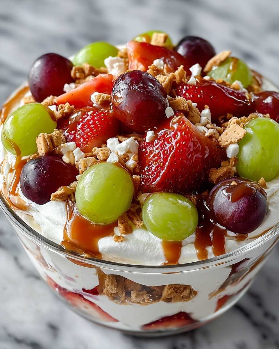A close-up of a layered dessert in a clear glass bowl, showing thick layers of white whipped cream at the bottom and middle, topped with fresh green and red grapes, halved bright red strawberries, and whole dark purple grapes. Scattered over the fruit are small pieces of chopped nuts and crumbled brown cookie bits. A glossy caramel sauce is drizzled on top, adding shine and a rich brown color that contrasts with the bright fruit and white cream. The bowl is placed on a white marbled surface. photo taken with an iphone --ar 4:5 --v 7