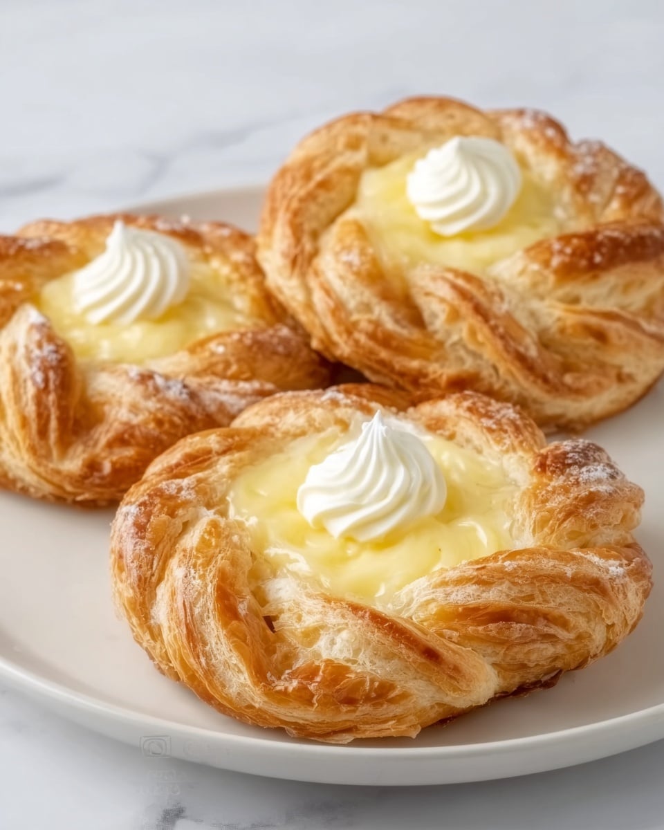 Three round pastries sit on a white plate placed on a white marbled surface. Each pastry has a golden-brown, flaky crust with a braided edge. Inside, there are two layers of filling: a light yellow, creamy custard in the center, topped with a small dollop of white cream. The pastries show clear, defined layers of dough and filling, with a slightly shiny, crisp texture on the crust. photo taken with an iphone --ar 4:5 --v 7