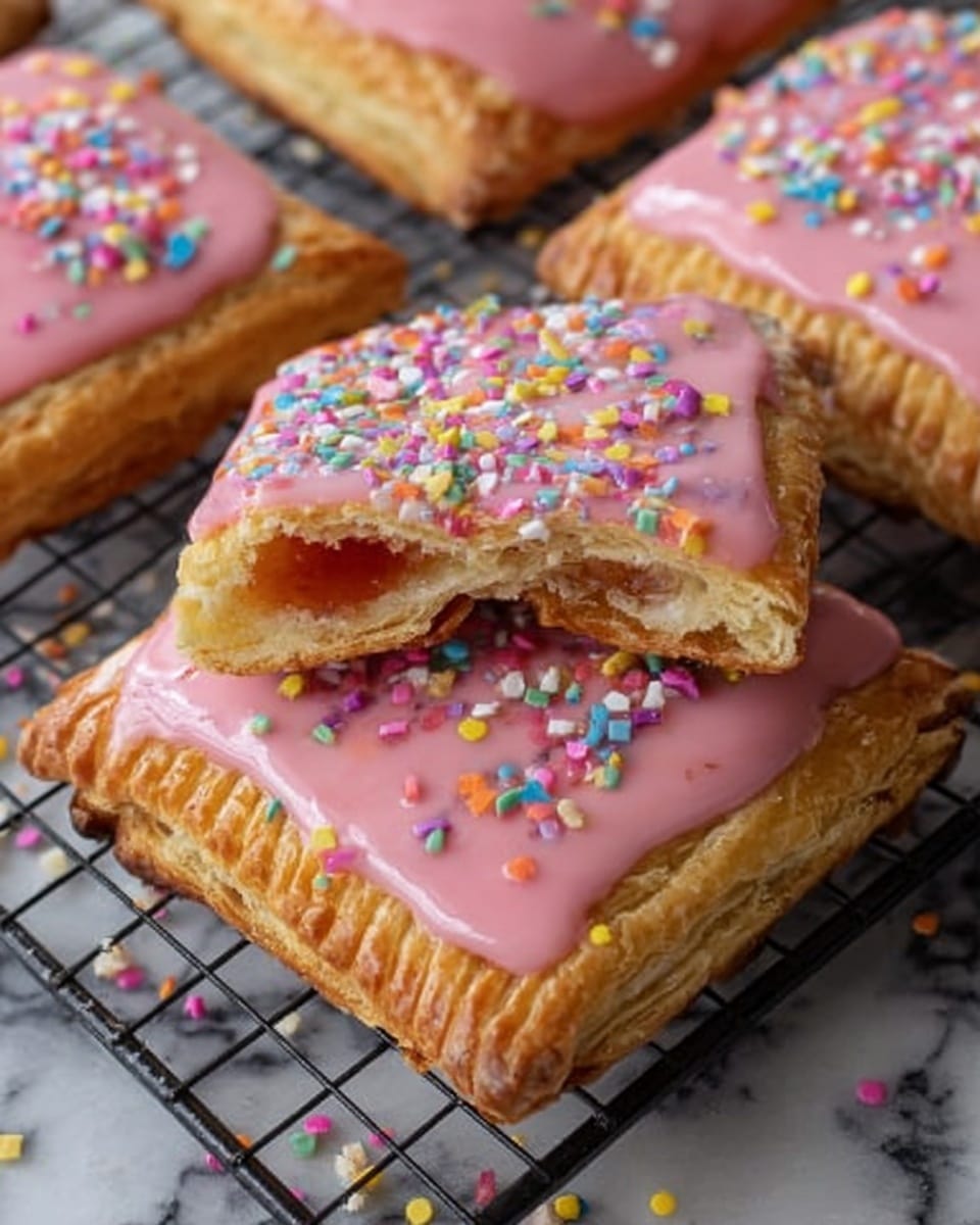 The image shows a close-up of square-shaped pastries with flaky, golden-brown crusts. Each pastry has a thick layer of smooth pink icing on top, decorated with colorful sugar sprinkles in various shapes and sizes. One pastry is broken in half, revealing a reddish filling inside. The pastries are placed on a black wire cooling rack, which is set on a white marbled surface. The texture of the crust is crisp and slightly crumbly, and the icing looks glossy and fresh. Photo taken with an iphone --ar 4:5 --v 7
