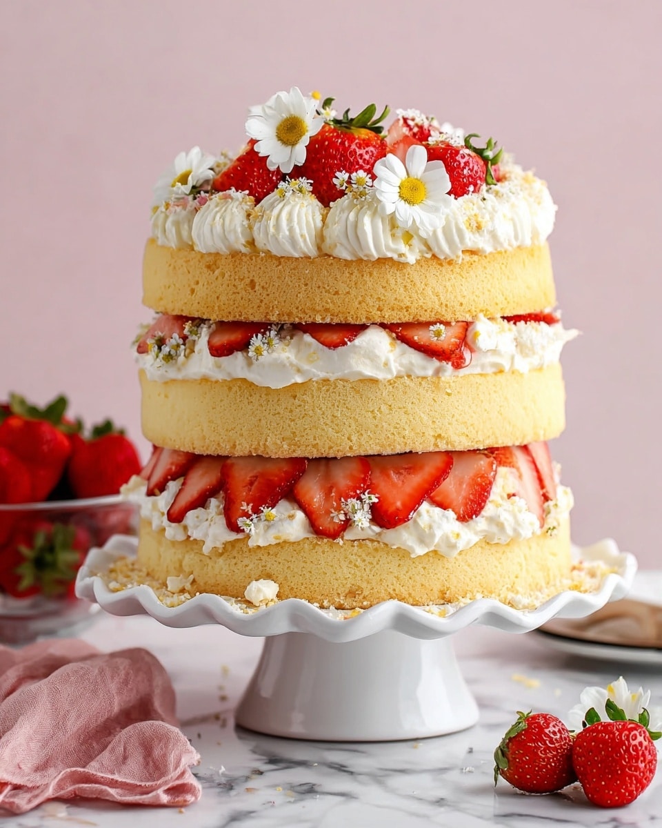 The image shows a three-layered cake on a white ruffled cake stand. Each yellow sponge layer is thick and soft-looking. Between the layers, there is a layer of white whipped cream piped in a wavy pattern, with slices of red strawberries embedded inside the cream. The top layer is decorated with more whipped cream swirls, large fresh strawberry slices, small white and yellow edible flowers, and cream crumbs scattered gently on top. The cake is set on a white marbled surface with a clear glass bowl of strawberries and a pink cloth nearby. Photo taken with an iphone --ar 4:5 --v 7
