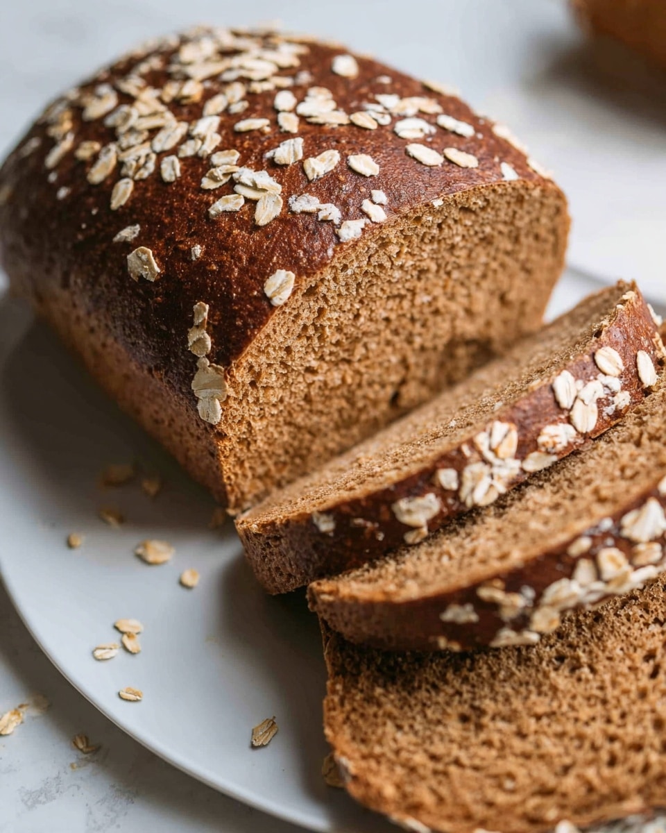 A close-up view of a dark brown loaf of bread with a detailed, slightly rough texture covered in scattered light beige oats on top. The loaf is partially sliced, showing three thick slices on the right side with a soft, dense, and slightly grainy inside texture of a lighter brown than the crust. The whole loaf sits on a white plate on a white marbled surface, with a few oat flakes scattered around the bread. The photo taken with an iphone --ar 4:5 --v 7