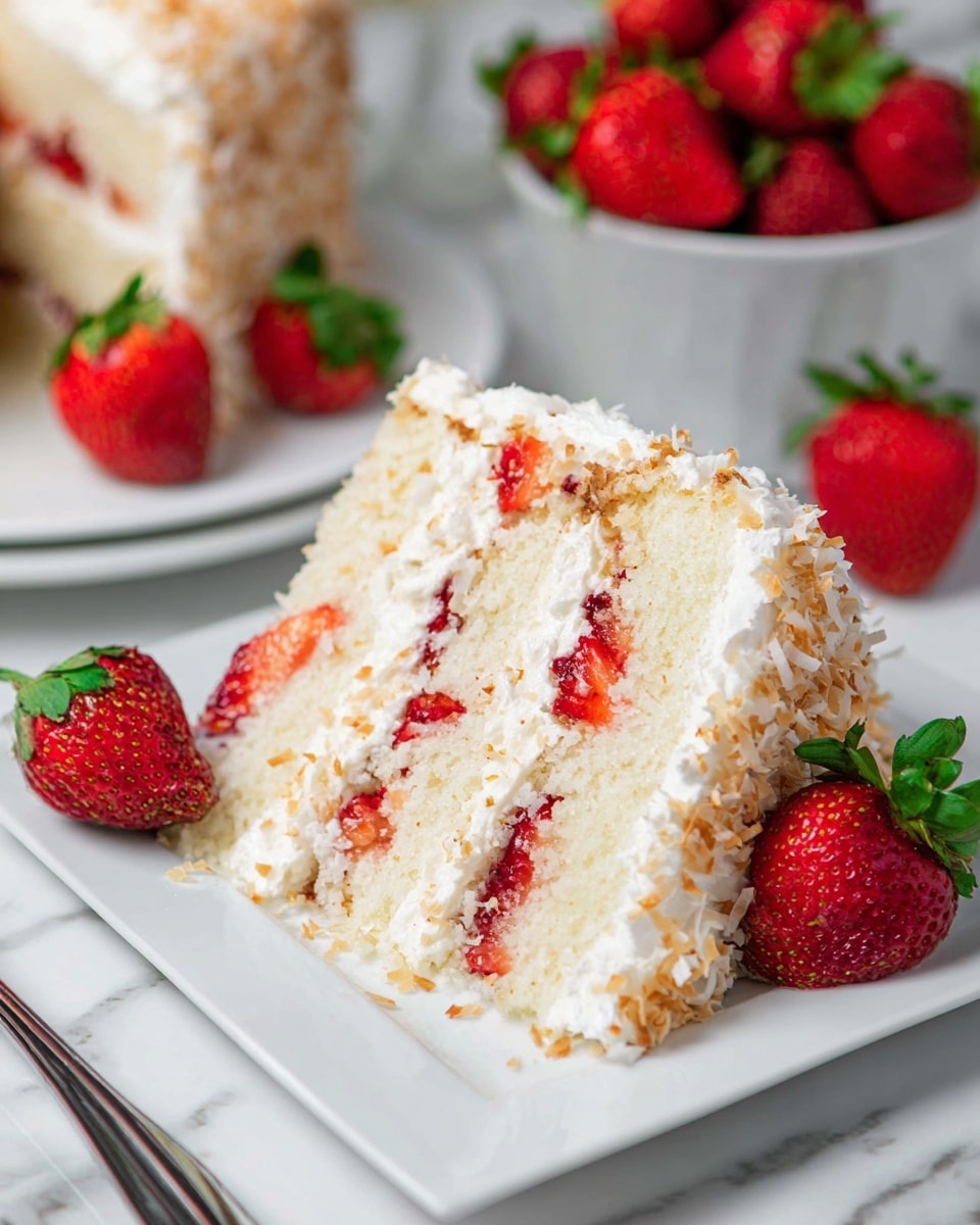 A slice of three-layer white cake is on a white square plate, each soft layer separated by white cream and fresh red strawberry pieces. The outer edge of the cake is covered with toasted coconut flakes giving it a slightly rough texture and a light golden color. Whole fresh strawberries with green leaves are placed beside the cake slice and in the background, a white bowl filled with more fresh strawberries sits on a white marbled surface. A silver fork is visible near the plate. Photo taken with an iphone --ar 4:5 --v 7