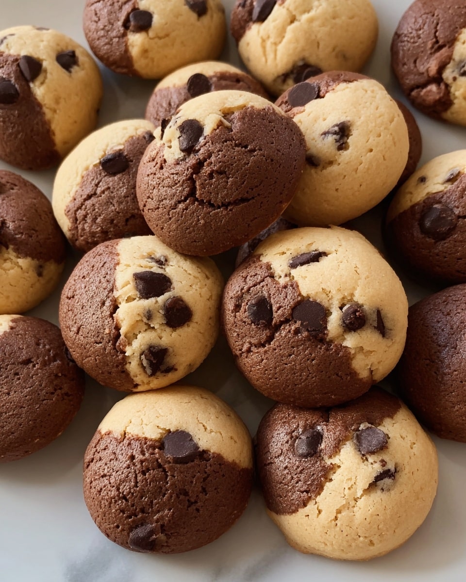 This image shows a close-up of many round, bite-sized cookies arranged closely together on a white plate, set on a white marbled surface. Each cookie has two main color layers, half in light golden beige and the other half in rich chocolate brown, creating a marbled effect. Some cookies have visible dark chocolate chips embedded mainly in the chocolate brown part, adding texture and depth. The cookies are soft and slightly cracked on top, showing a homemade, fresh-baked look. The photo taken with an iphone --ar 4:5 --v 7