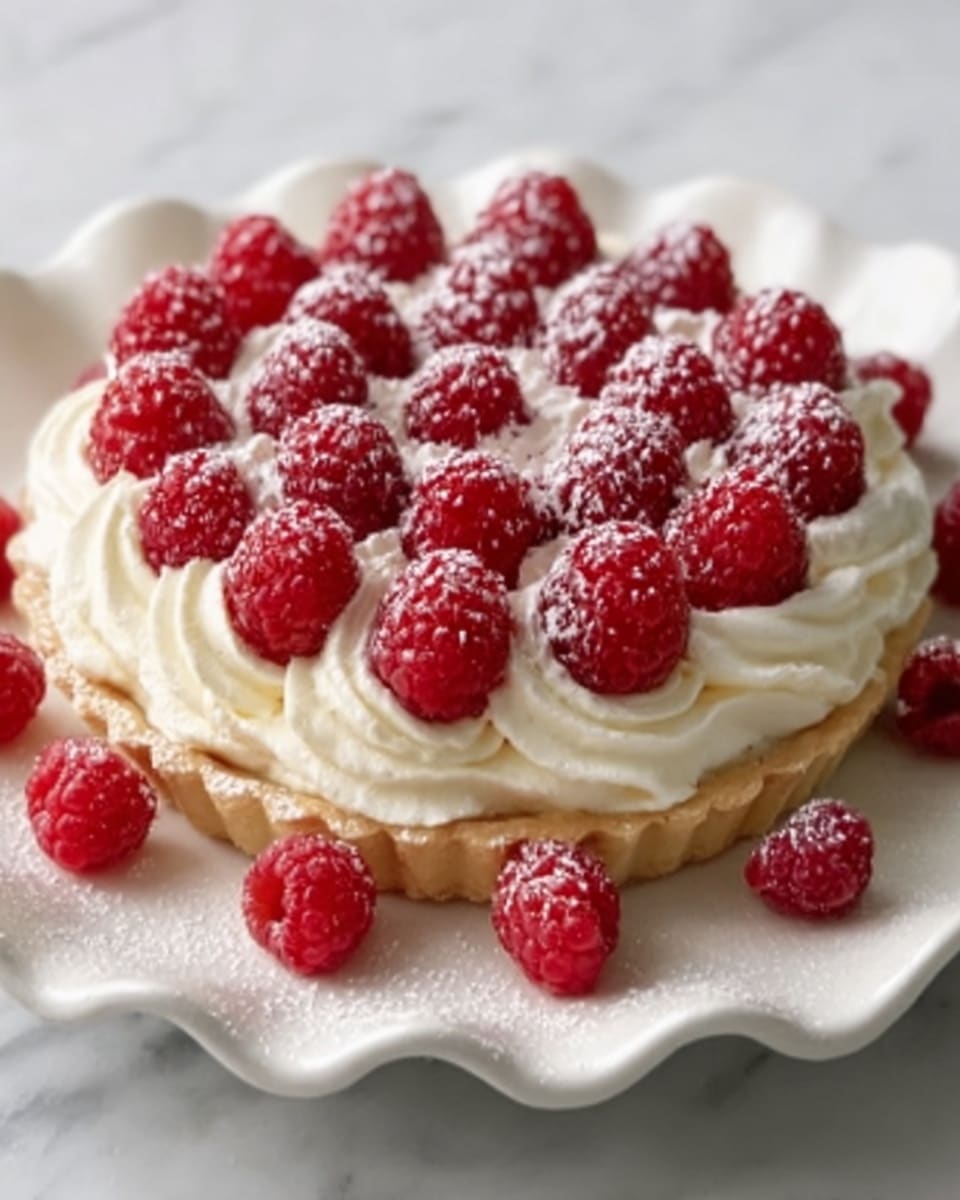 A single-layer tart sits on a white scalloped plate over a white marbled surface. The bottom layer is a golden-brown crust with a slightly crumbly texture. On top of that is a thick layer of white whipped cream, piped in a circular pattern that forms soft, fluffy peaks. The topmost layer features fresh red raspberries arranged in two concentric circles, with a few more scattered around the plate. The raspberries are lightly dusted with powdered sugar, adding a delicate white highlight. Photo taken with an iphone --ar 4:5 --v 7