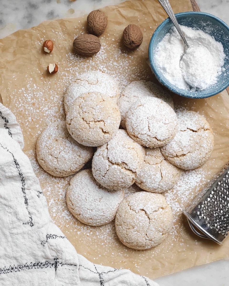 A pile of round, slightly cracked cookies with a light golden brown color are spread on a sheet of light brown parchment paper, all dusted with powdered sugar that looks like white powder scattered unevenly on top. Near the cookies, there is a small blue bowl filled with more white powdered sugar and a silver spoon inside it. To the side, a metal grater and a few whole brown nutmegs are placed on the white marbled surface. A folded white cloth with black stitched lines is partially visible at the bottom left corner. The overall scene has a soft, cozy, and homemade feel. photo taken with an iphone --ar 4:5 --v 7