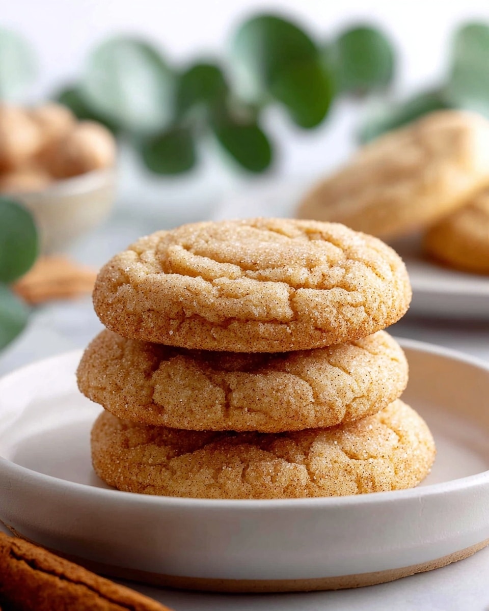 A stack of three white plates is shown in the center, with the top plate holding four round, golden brown cookies that have a cracked texture on their soft surface. The cookies are slightly thick and have a warm, inviting color. The background includes blurred out light green leaves and light brown objects, all set on a white marbled surface that gives a clean and bright feel to the image. photo taken with an iphone --ar 4:5 --v 7