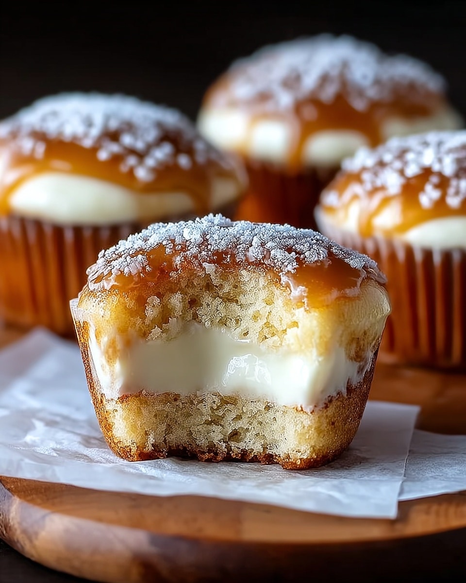 A close-up view of a small muffin cut in half showing three visible layers: a light golden-brown baked cake base with a crumbly texture at the bottom, a smooth creamy white middle layer, and a thick shiny caramel glaze on top sprinkled with powdered sugar. Behind it, three whole muffins with the same layers sit on a wooden board covered with white parchment paper, all against a blurred dark background. photo taken with an iphone --ar 4:5 --v 7