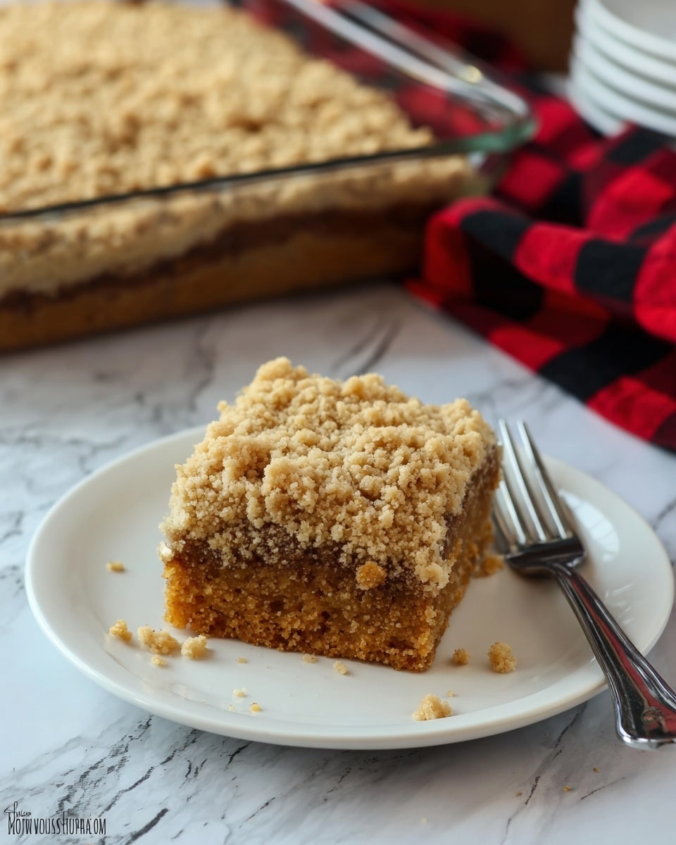The image shows a single square piece of crumb cake on a white plate. The cake has two layers, with the bottom layer being a dense, brown cake with a moist texture and small specks visible inside. The top layer is a thick, crumbly streusel topping in light beige with a coarse texture. The piece is centered on the plate, with some crumbs scattered around it. In the background, there is a glass baking dish with more crumb cake, sitting on a white marbled surface. To the right of the plate, a silver fork is placed, and a red and black checkered cloth is partially visible behind the baking dish. Photo taken with an iphone --ar 4:5 --v 7